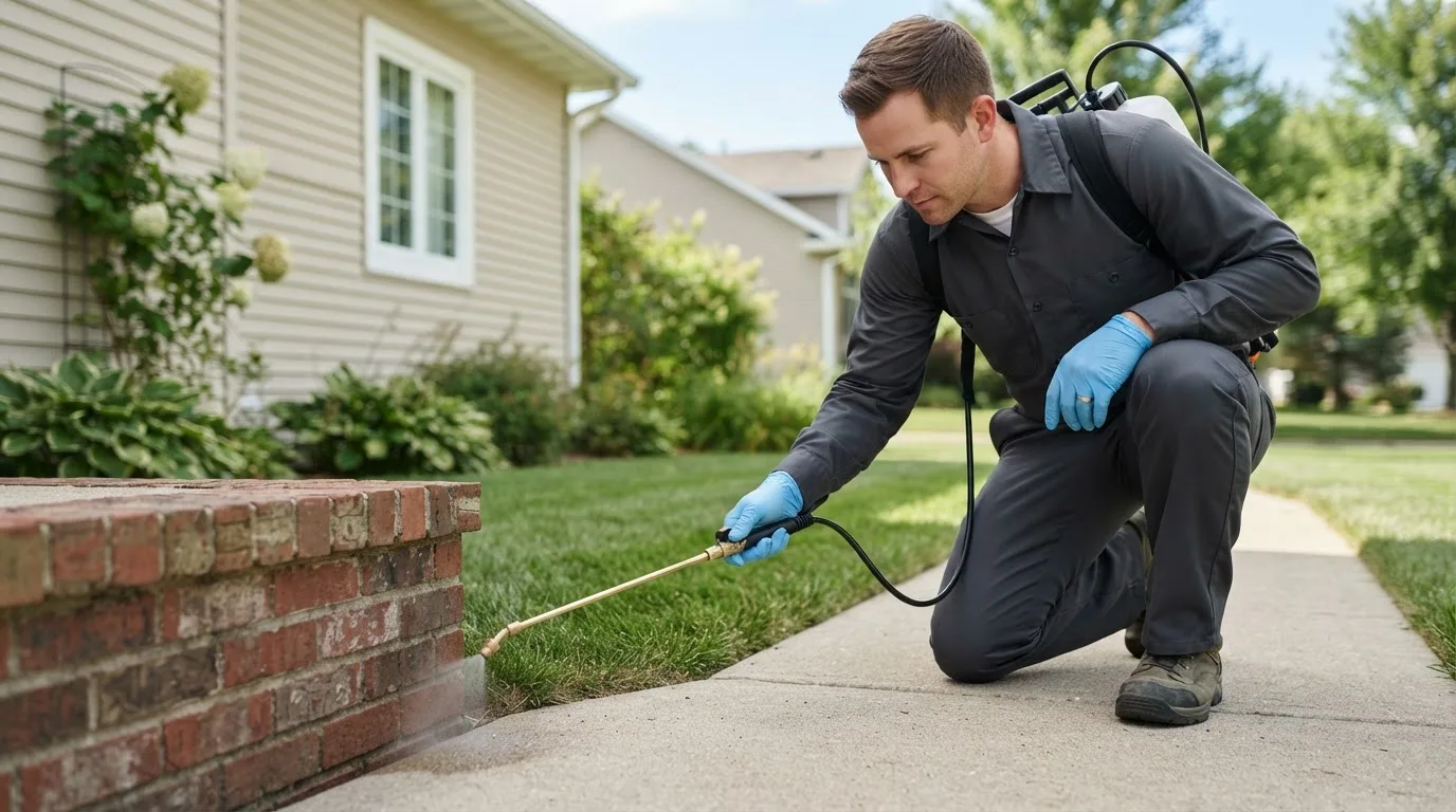 Pest control technician treating a home near New Blaine, AR